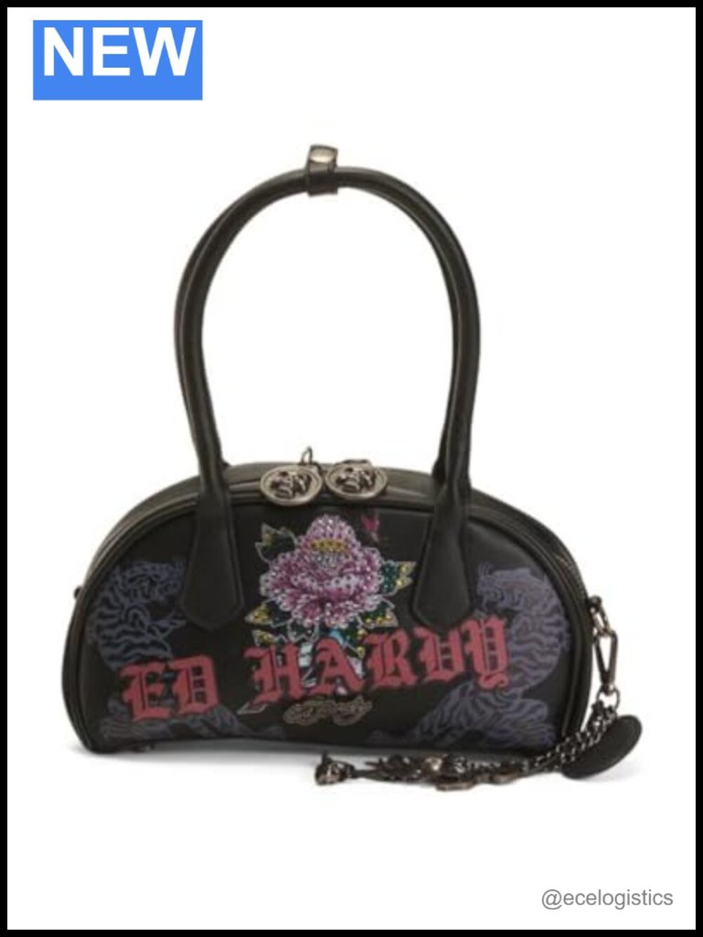 Ed Hardy Liana Dome Satchel Faux Leather with Crystal Accents & Chain Strap